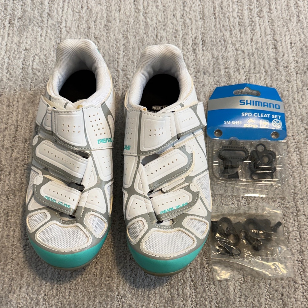 Shimano Cycling Cleats in White and Teal